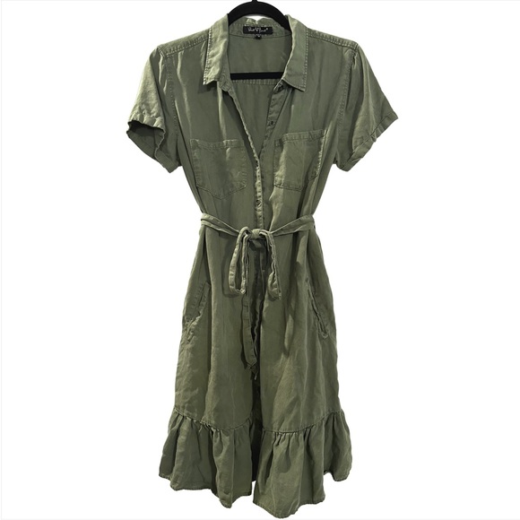 Army Green Collared Button Up Ruffle Hem Casual Dress with Pockets - Picture 1 of 5